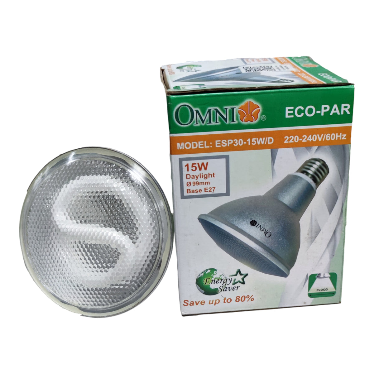 Omni eco-par light bulb and packaging on a white background