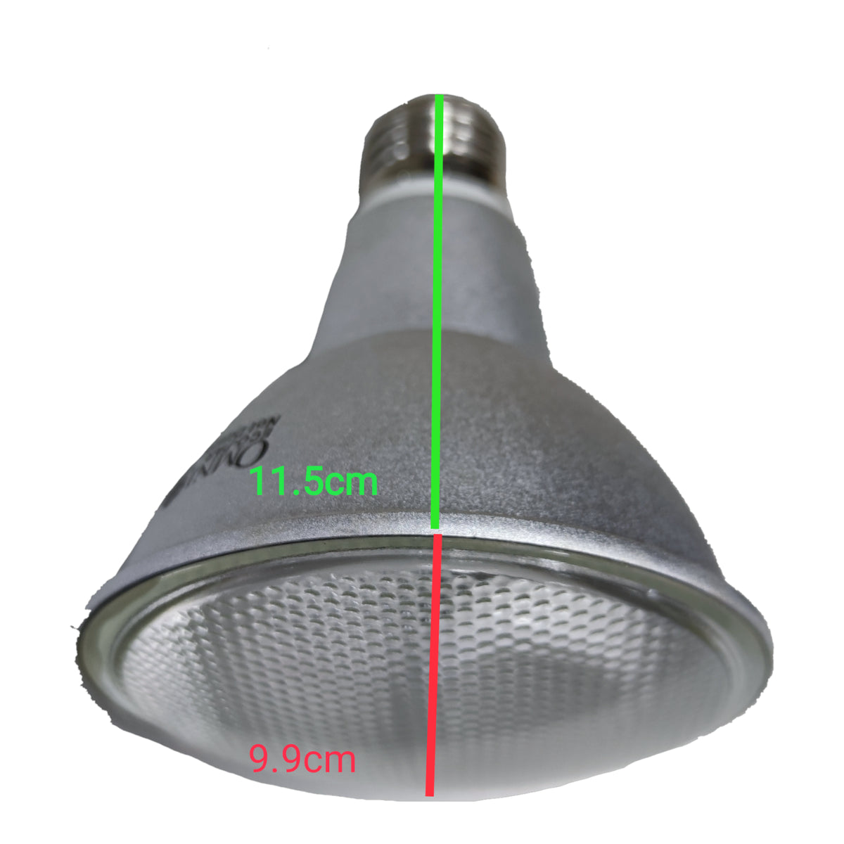 Metallic light bulb with measurements on a white background