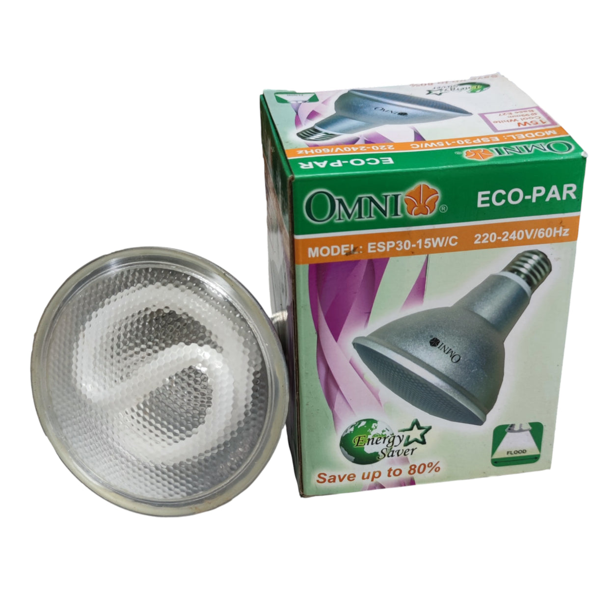 Bulb with metallic reflective surface and OMNI Eco-Par packaging on a white background