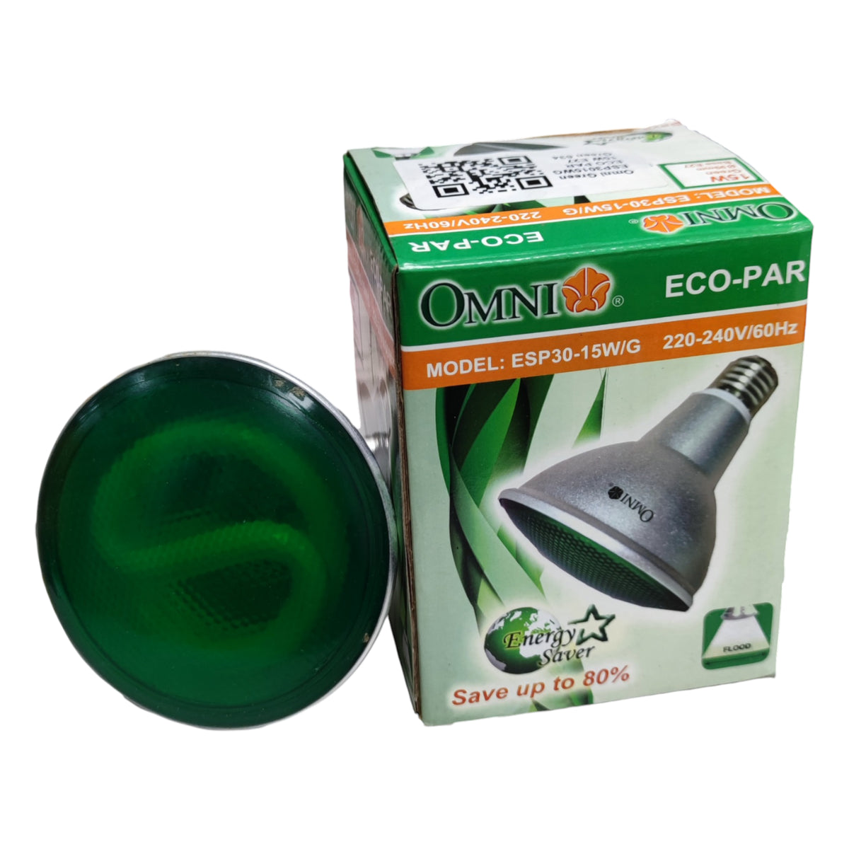 Green light bulb and its packaging with 'OMNI' branding on a white background