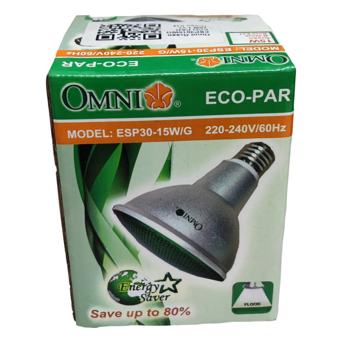 Box of Omni Eco-Par LED bulb on a white background