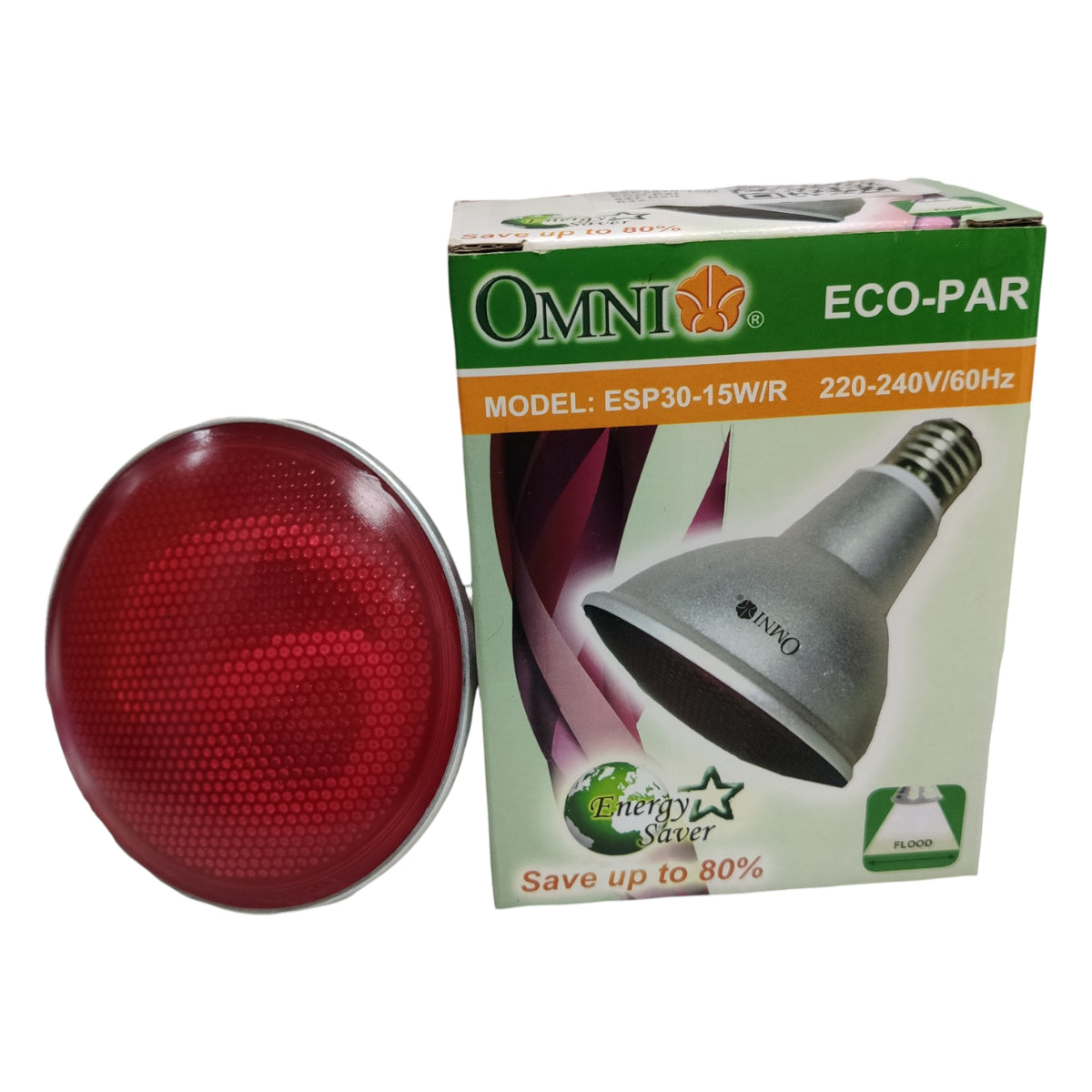 Red light bulb and its packaging with 'Omni' branding on a white background