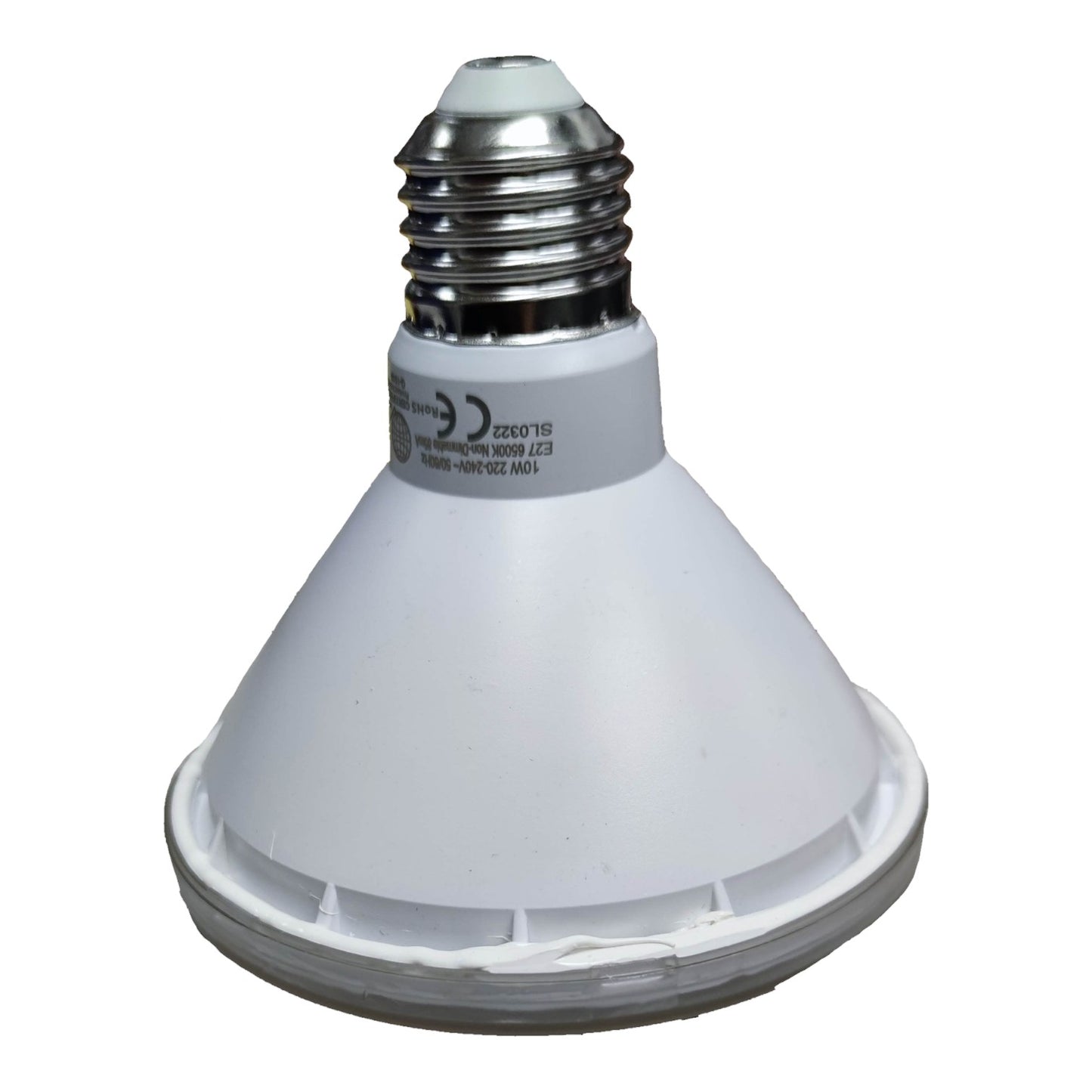 White LED light bulb with silver base on a white background