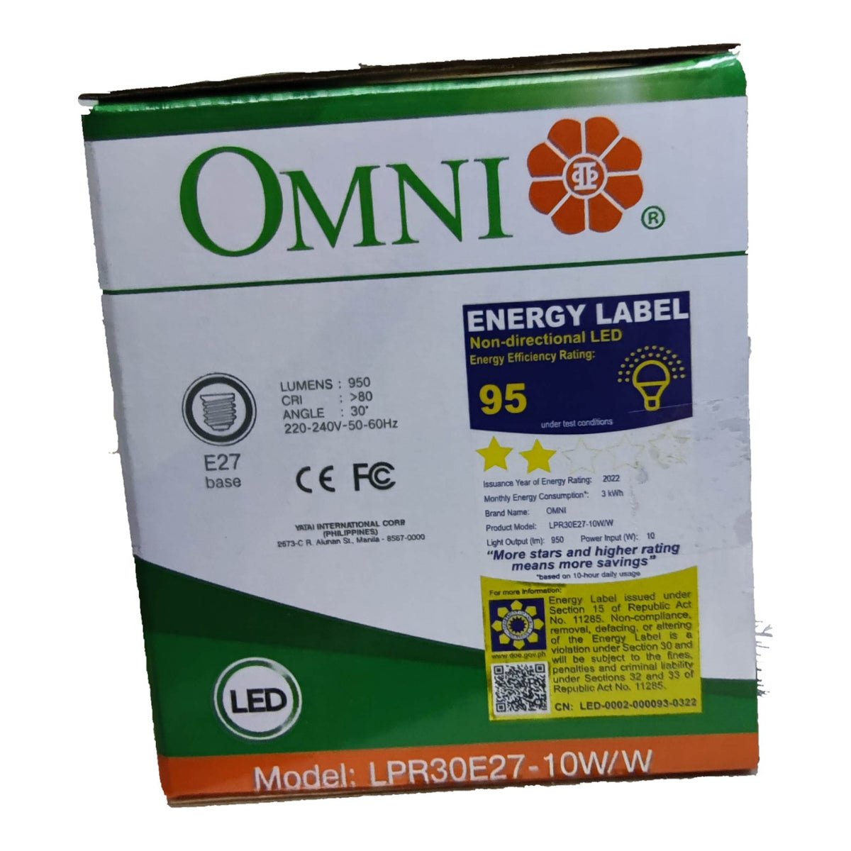 OMNI LED light bulb packaging with energy label on a white background
