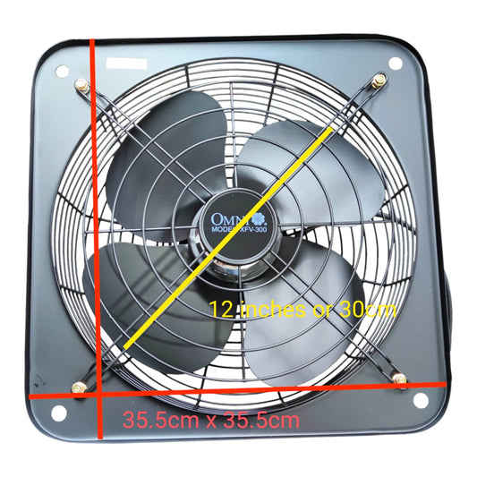 A square black exhaust fan with three blades and a wire protective grille, shown on a white background with red and yellow dimension lines and text indicating 35.5cm x 35.