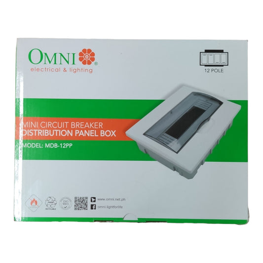 OMNI Electrical & Lighting MDB-12PP Mini Circuit Breaker Distribution Panel Box packaging on a white background.