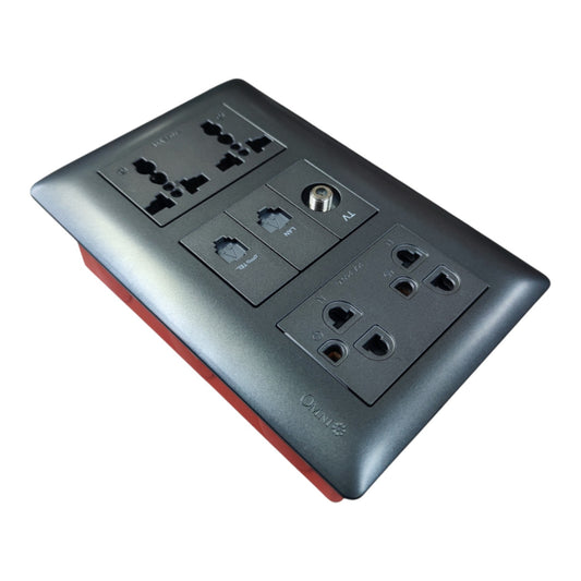 A multi-outlet power strip with a dark gray/black faceplate and a red base, featuring multiple international-style electrical outlets and a coaxial cable input, shown on a white background.