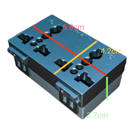 A blue and black electrical terminal block with overlaid dimension lines and measurements (6.8cm, 4.
