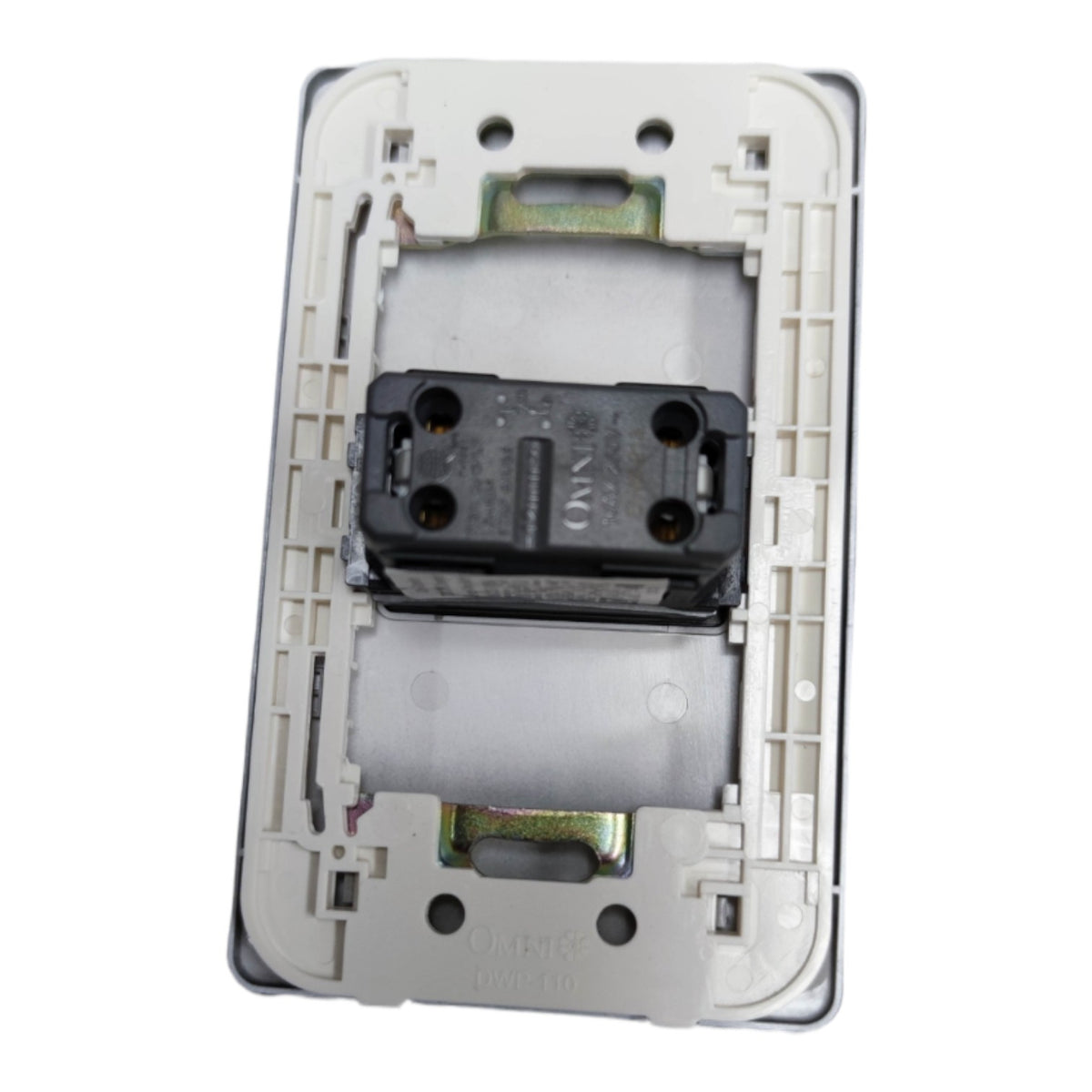 A replacement electrical switch module showing the back side with a black central contact block, silver metal contacts, and a beige plastic backplate on a white background.