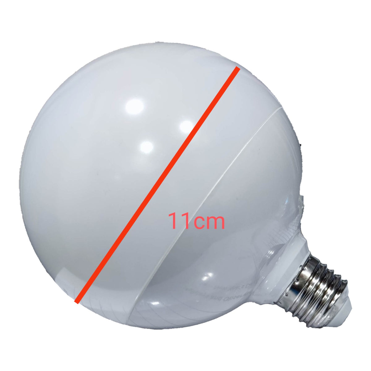 A large spherical white incandescent light bulb with an E14 screw base, overlaid with a red diagonal line and the text '11cm' to indicate its diameter.