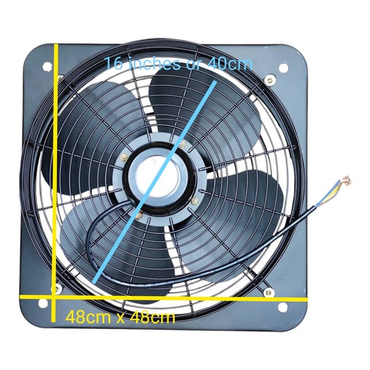 A square black exhaust fan with a wire connection and dimension annotations showing 48cm x 48cm (16 inches by 16 inches) on a white background.