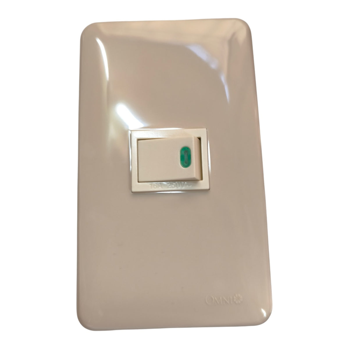 A single-gang wall switch with a glossy beige faceplate and a central white rocker switch featuring a small green indicator window, shown against a plain white background.