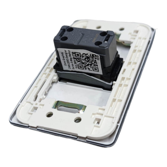A replacement electrical switch component featuring a black relay module with a QR code label, set inside a white plastic switch base plate.