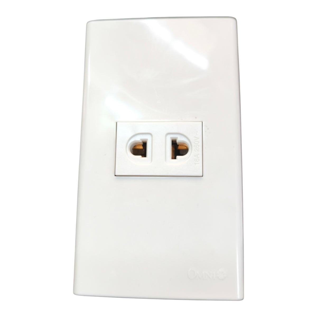 A white plastic two-outlet wall outlet cover plate with a glossy finish, featuring a molded double-socket US-style plug face and small 'OMNI' branding near the bottom right.