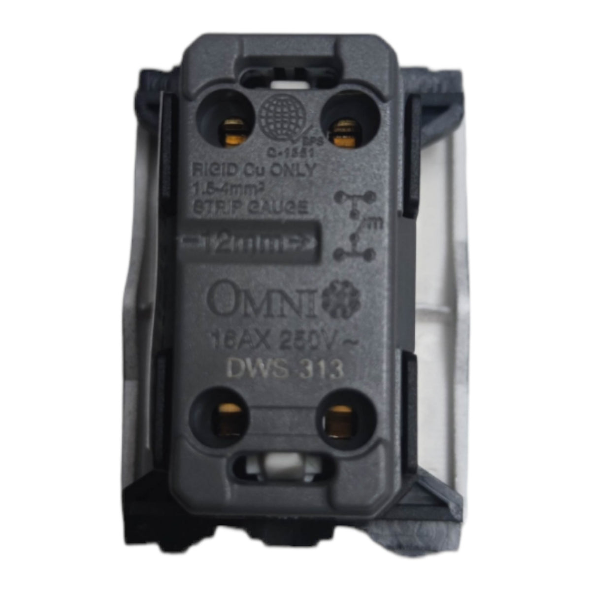 An Omni electrical terminal block connector, model DWS 313, featuring a dark gray plastic housing with gold-colored screw terminals and white printed technical specifications.