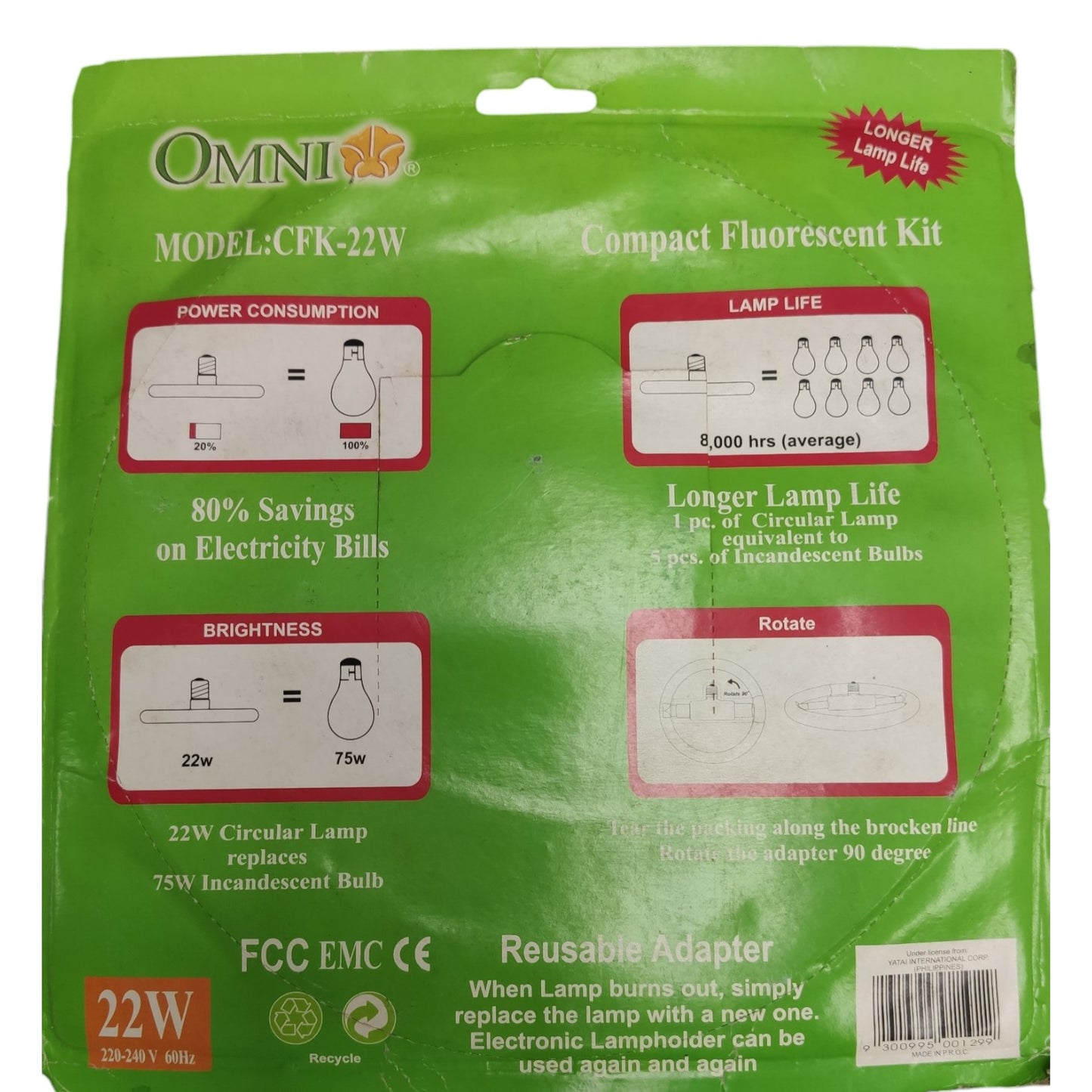 Green packaging of Omni Compact Fluorescent Kit with text and graphics on a white background