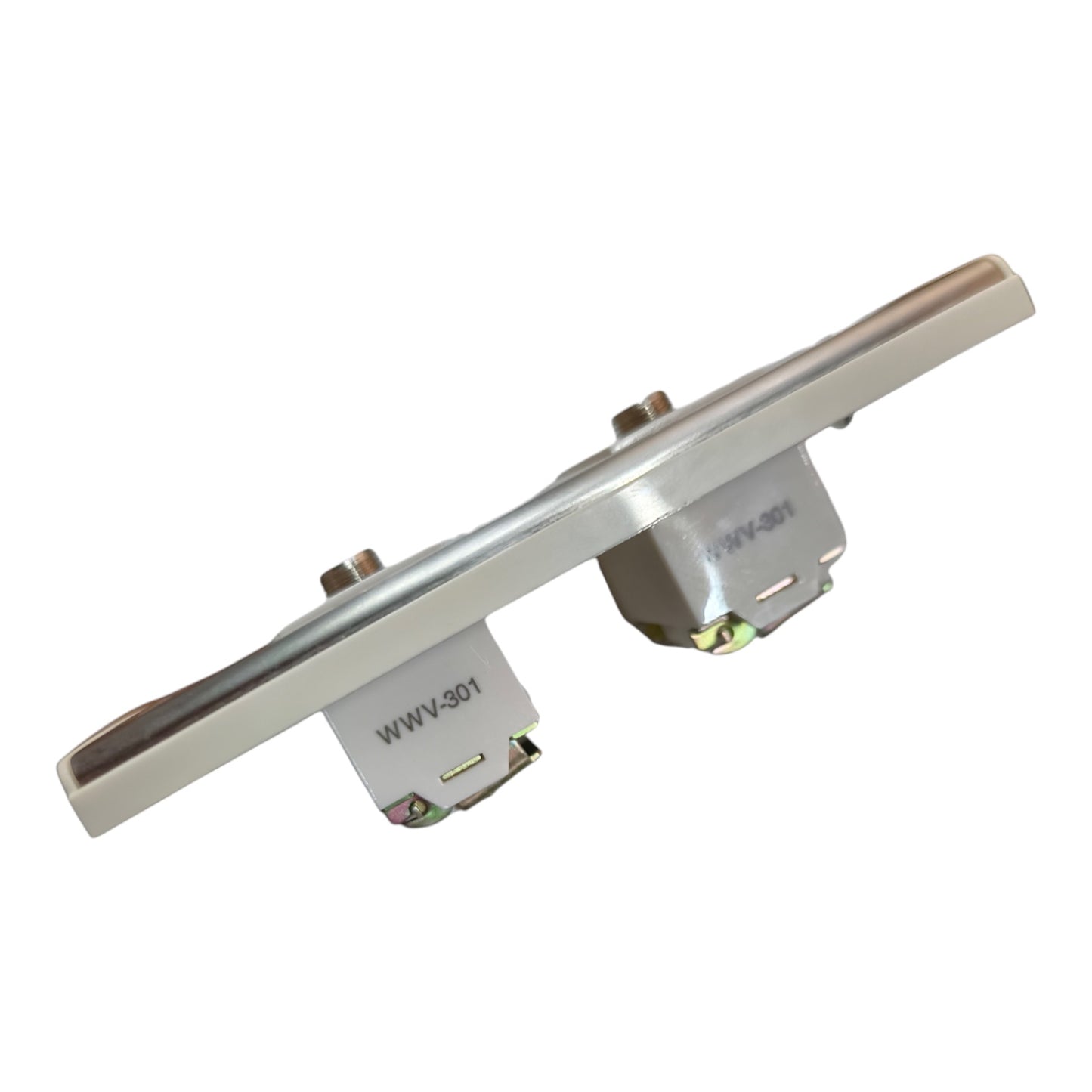 A brushed silver metal hardware component, likely a mounting bracket or clip, featuring two mounting tabs printed with the code 'WWV-301'.