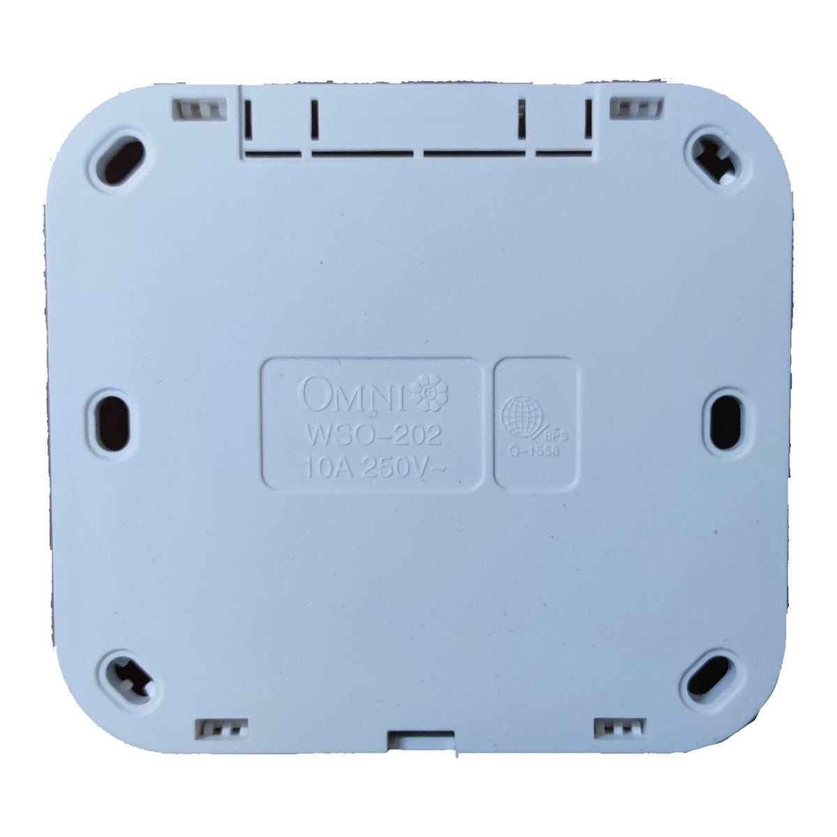 The back of a light blue plastic networking device, showing the model name 'OMNI W30-202 10A 250V-' and a CE mark, on a solid white background.