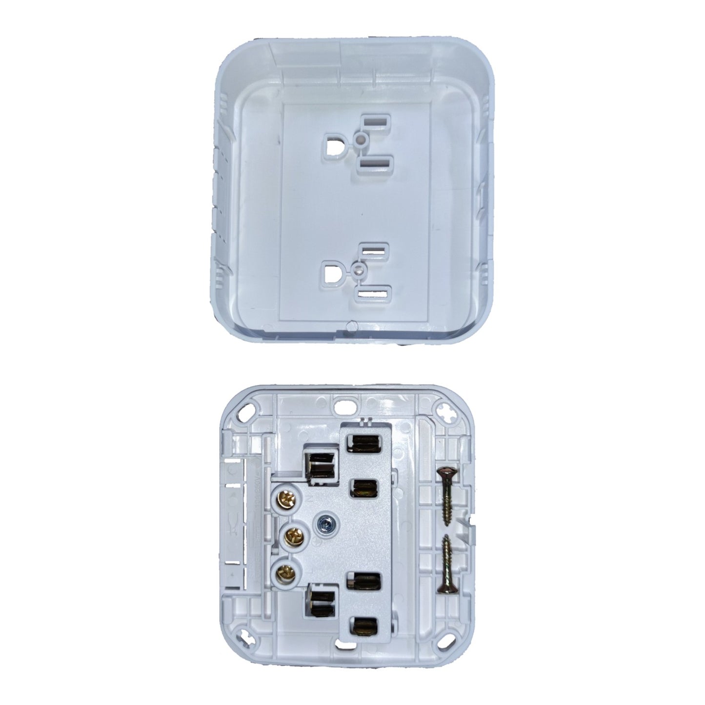 A clear plastic electrical outlet cover shown in two views: the top view displaying the outlet slots, and the bottom view displaying the internal terminal blocks, screws, and backplate on a solid white background.