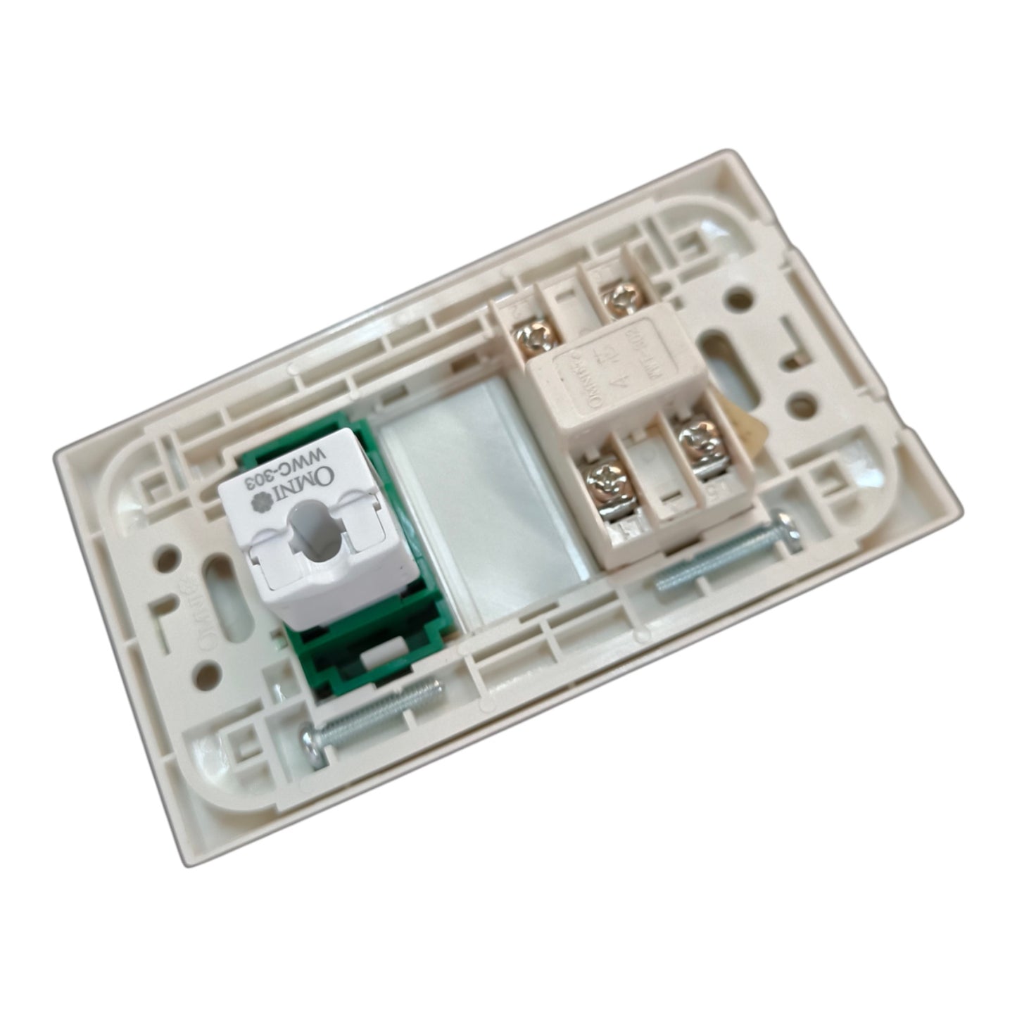 An Omni V10G090 wall switch module showing the internal backplate with a white switch, green circuit board, and beige terminal blocks on a white background.