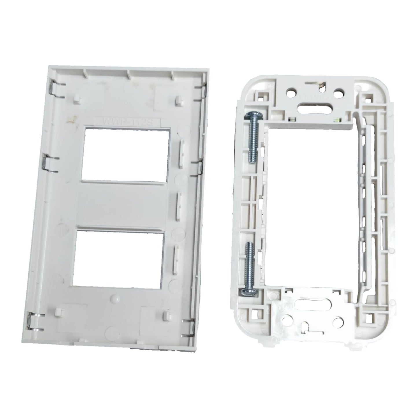 A pair of white plastic double-gang switch panel bases, showing both the front faceplate and the back mounting frame with a screw fastener, on a solid white background.