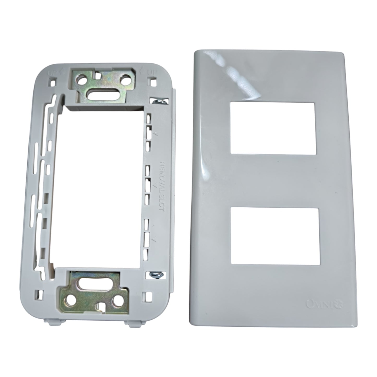 A dual-gang light switch plate kit showing the white glossy front cover plate and the silver metal mounting frame on a plain white background.