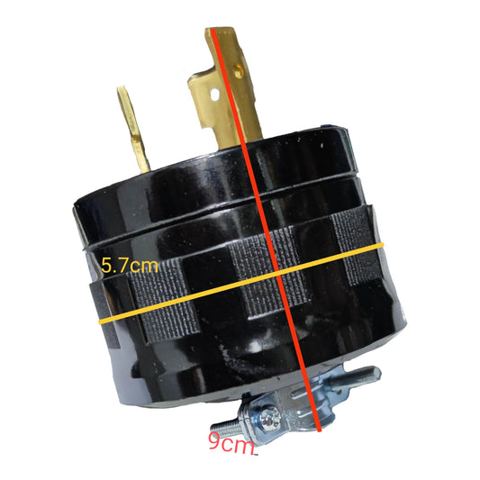 A black cylindrical electrical component with brass and silver metal terminals, overlaid with red and yellow dimension lines and text showing 5.7 cm and 9 cm measurements on a white background.