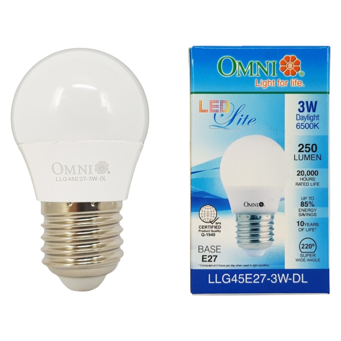 LED light bulb with Omni packaging on a white background