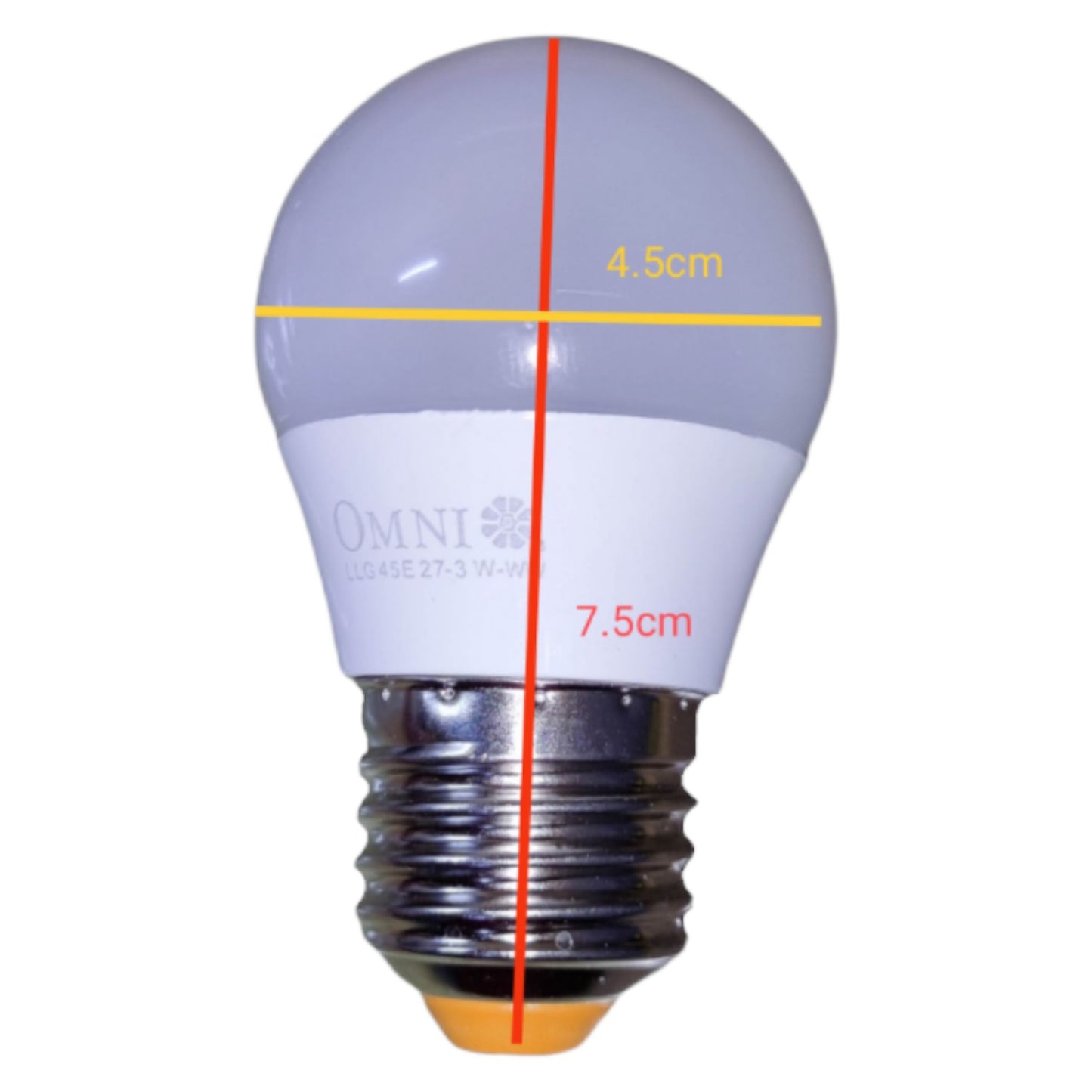 LED light bulb with measurements on a white background