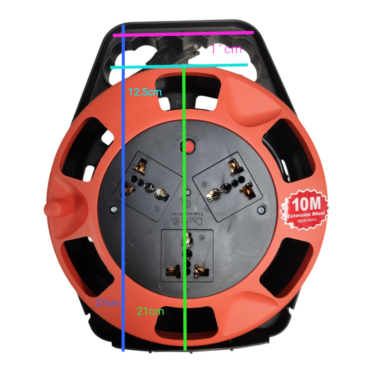An overhead product shot of a red and black circular power strip or outlet reel with overlaid dimension lines and text labels including 12.8cm, 21cm, 27cm, 1cm, and a 10M badge, on a plain white background.