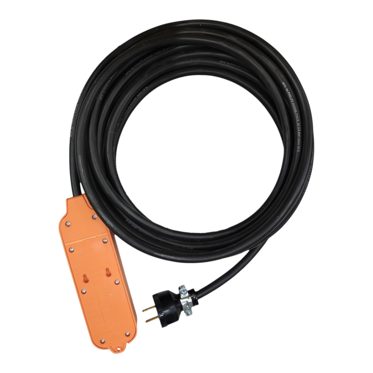 A coiled black power cord with an orange multi-outlet power strip and a black two-prong plug, shown on a plain white background.