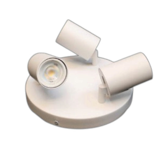 A white three-light track spotlight fixture with cylindrical heads and a circular base, shown on a plain white background.