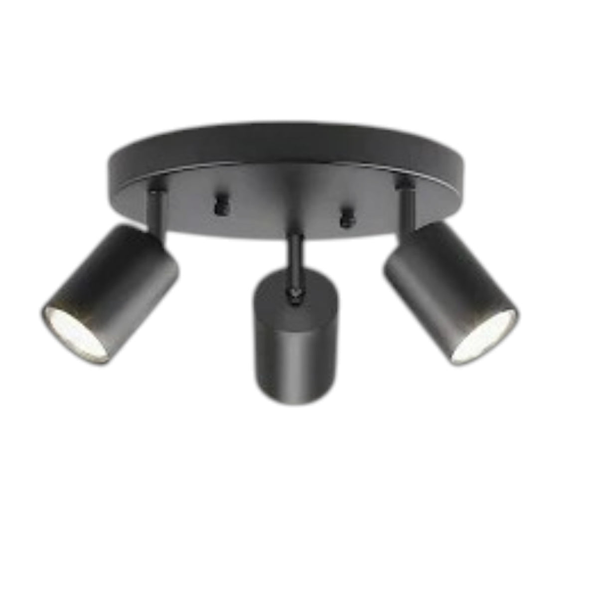 A modern three-light ceiling fixture in matte black, featuring a circular ceiling mount with two adjustable spotlight heads and a central downlight cylinder, shown against a plain white background.