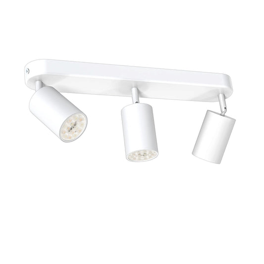 A modern three-light track ceiling fixture in white, featuring three adjustable cylindrical spotlight heads on a rectangular bar, shown against a plain white background.