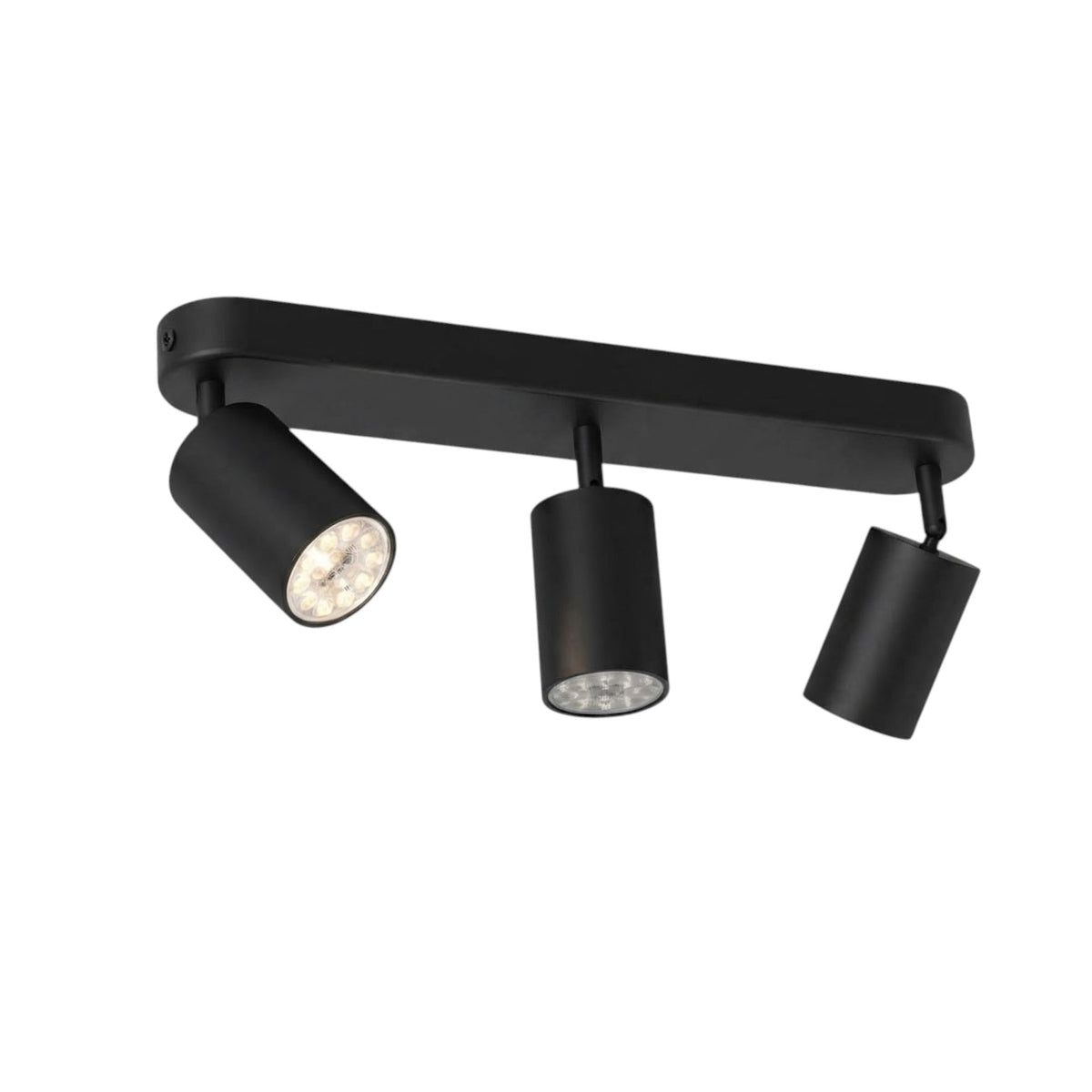 A three-light track ceiling fixture in matte black, featuring a horizontal bar with three adjustable cylindrical spotlight heads, shown against a plain white background.