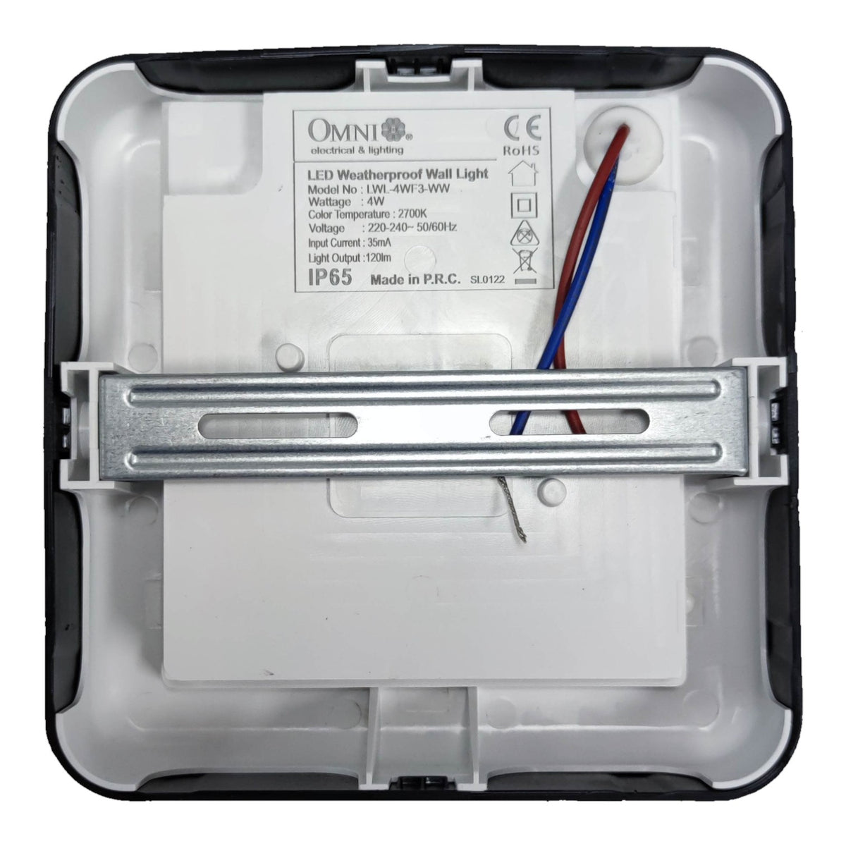 The back of an Omni LED weatherproof wall light, showing the white plastic backplate, metal mounting bracket, and wiring with red and blue wires.