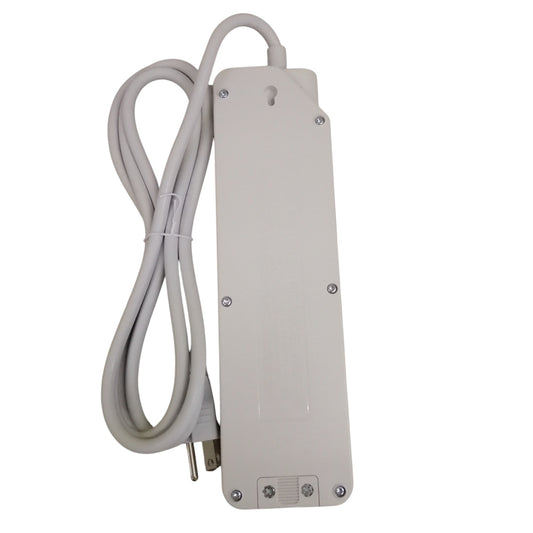 Omni white power strip back view with coiled cord and mounting keyhole universal power strip with individual switches