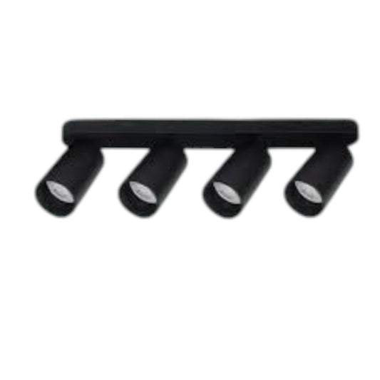 A four-light linear ceiling track light fixture in matte black, shown against a plain white background.