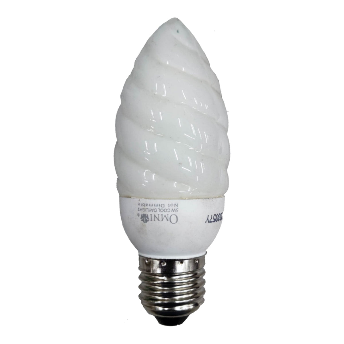 A spiral CFL-style light bulb with a white glass body and a silver screw base, photographed on a plain white background. The bulb shows printed text including 'OMNI' and 'E27'.
