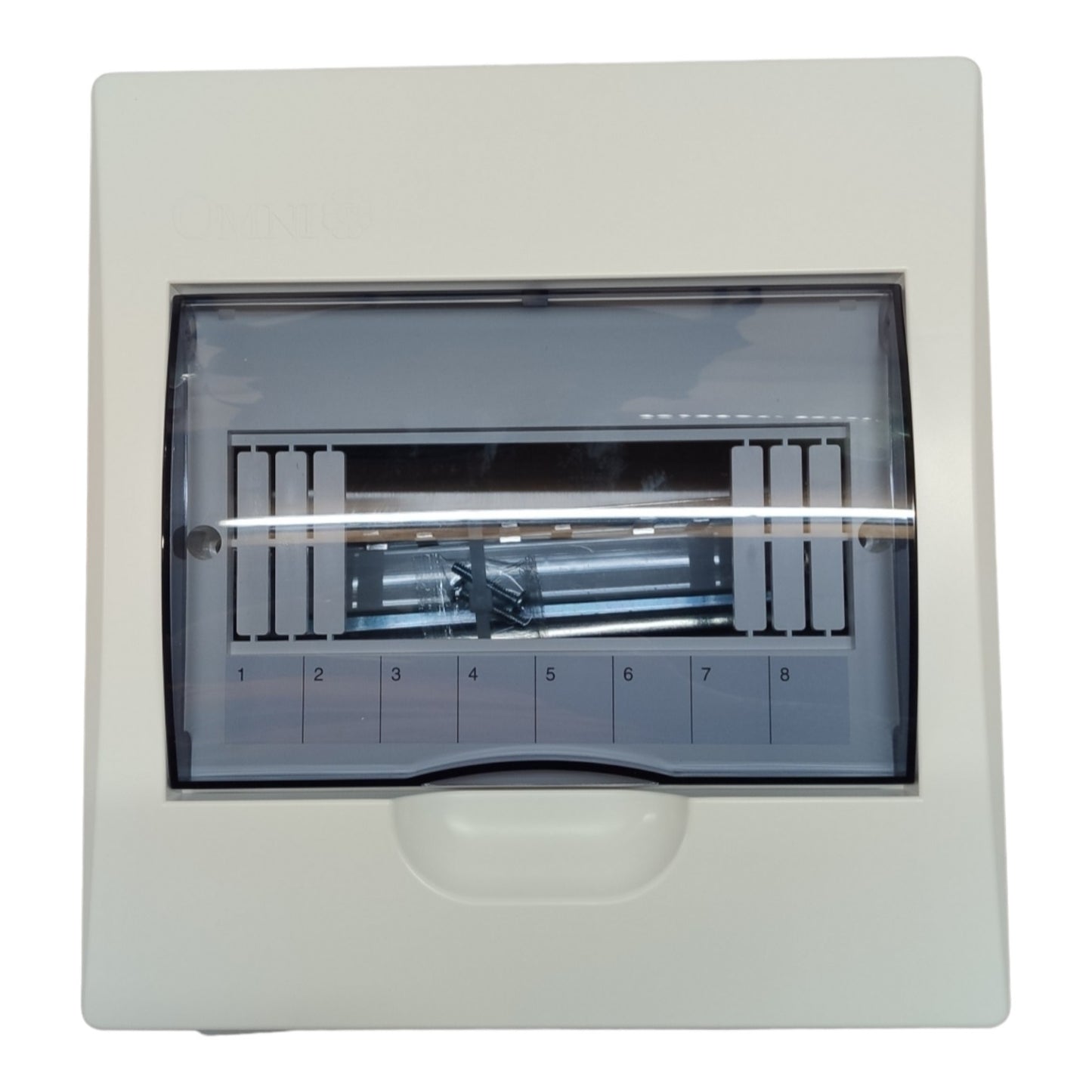 A white electrical distribution board or fuse box with a transparent front cover showing internal fuses, photographed against a plain white background.