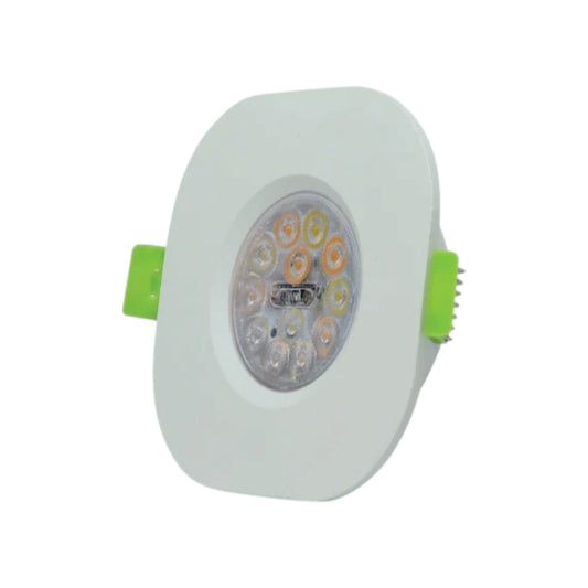 A square recessed LED ceiling light fixture with a white housing, a circular array of multiple small LEDs in the center, and bright green side mounting tabs, shown on a plain white background.