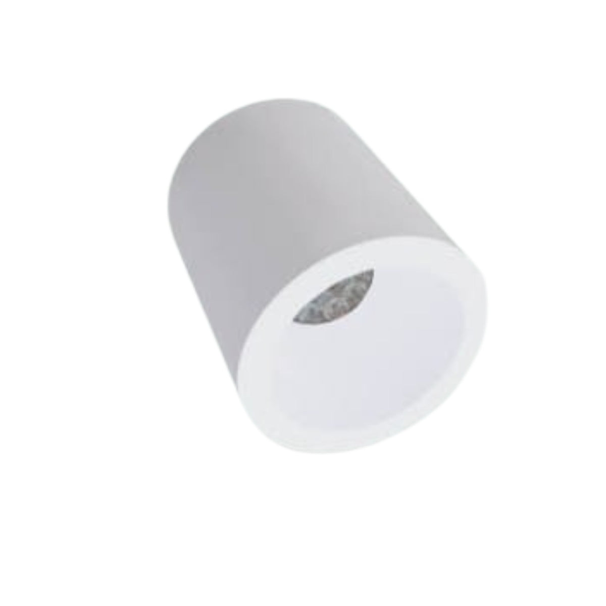 A white cylindrical ceiling light fixture with a visible internal reflector, shown at an angle on a plain white background.