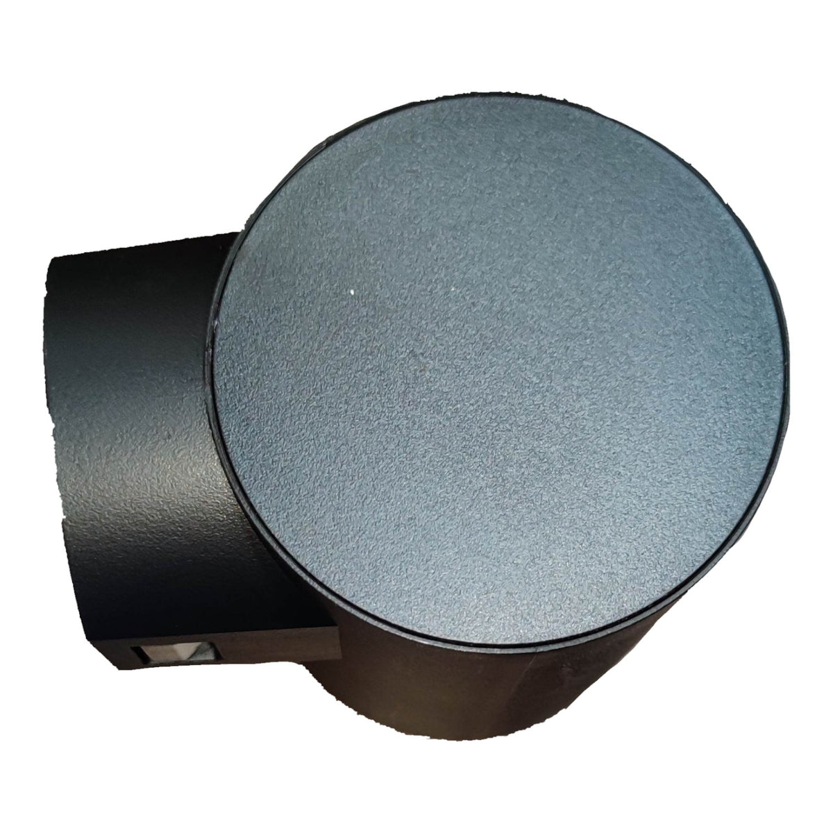 A black cylindrical wall light fixture with a round, textured gray faceplate, shown against a plain white background.