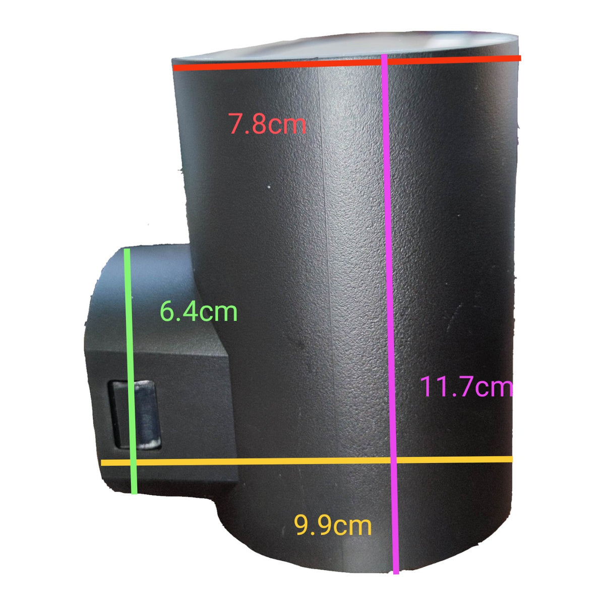 A black cylindrical product shown on a white background with overlaid dimension lines and measurements in centimeters: 7.8 cm, 11.