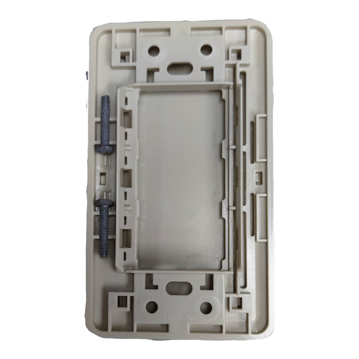 A light gray plastic modular wall switch panel or electrical junction box with mounting slots and two dark gray screws on the left side, shown on a plain white background.