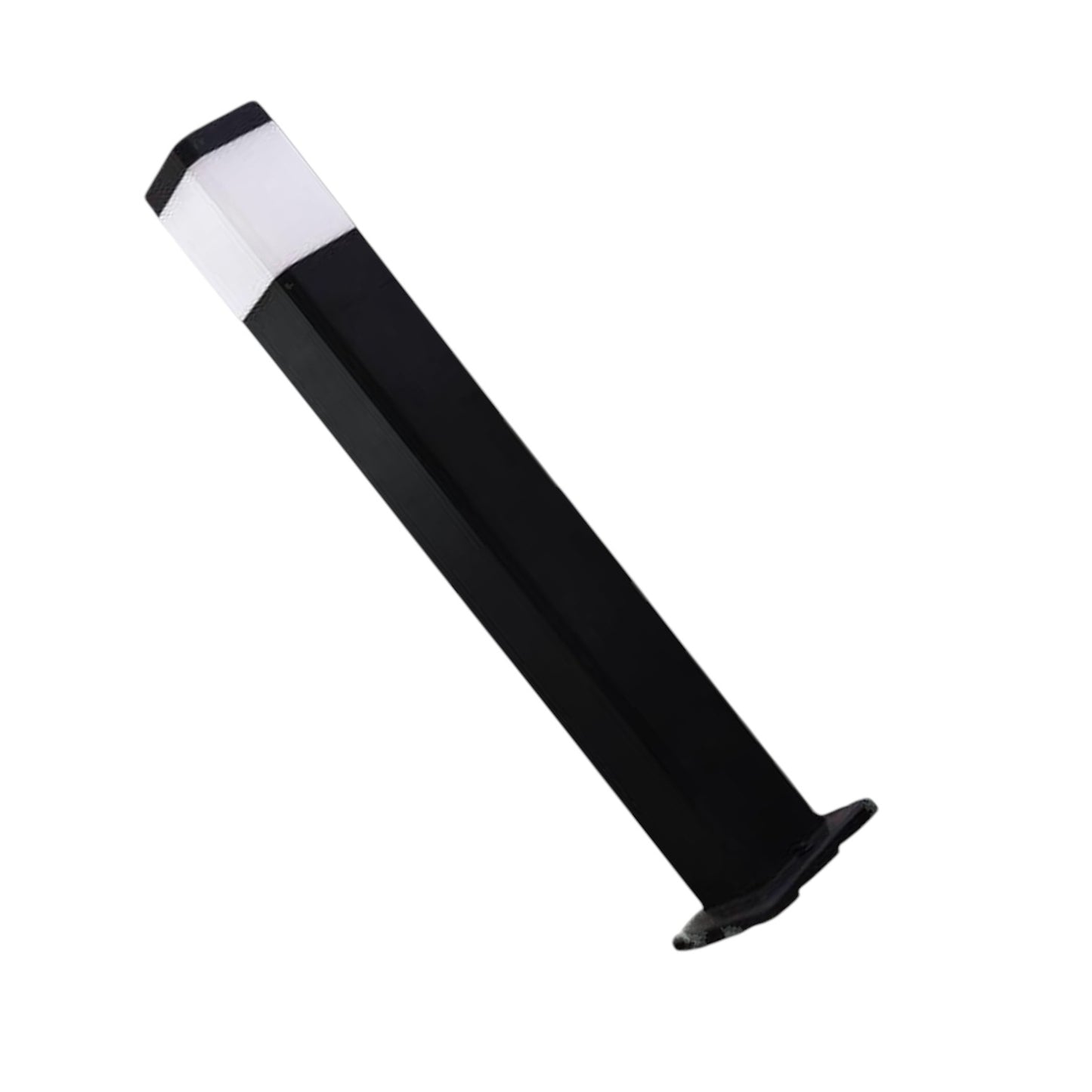 A modern black outdoor LED post light with a white rectangular diffuser near the top and a small black ground cap, shown on a plain white background.