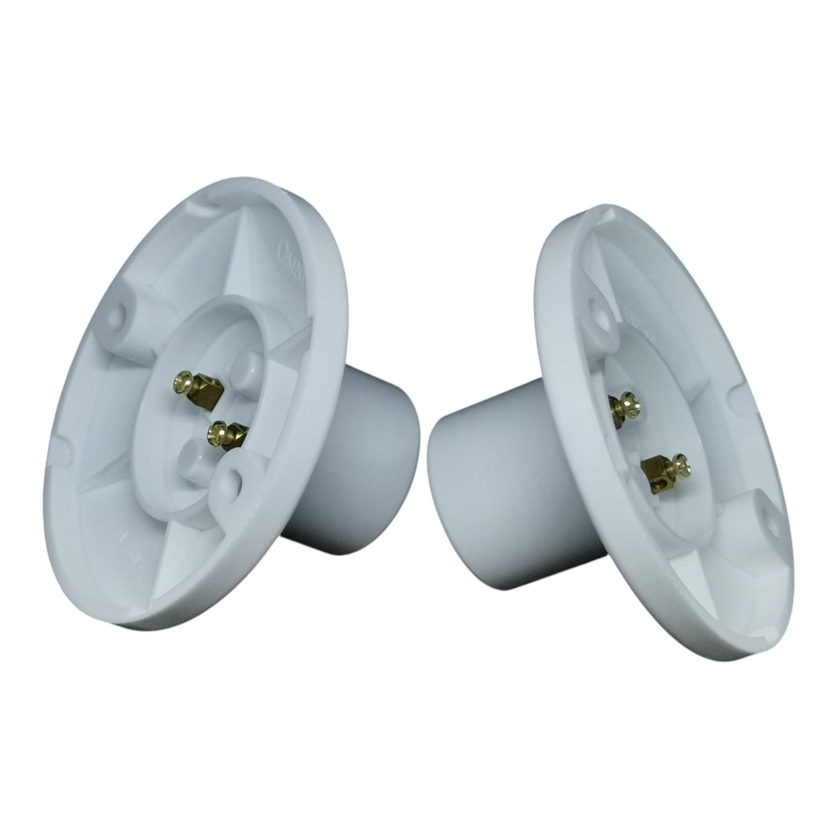 Two white light bulb sockets on a white background