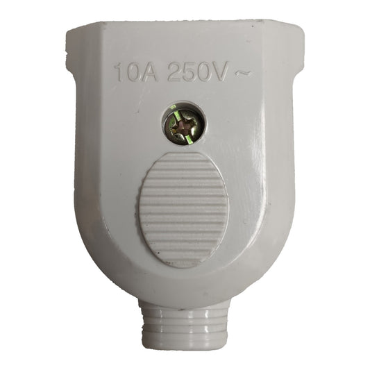 A white plastic electrical outlet adapter or socket component with '10A 250V' printed on the front, featuring a ribbed oval button and a screw terminal, shown against a plain white background.