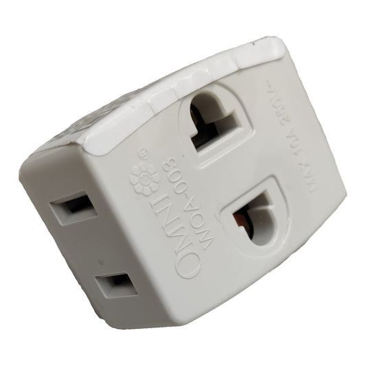 A white plastic Omini WOA-003 3-pin to 2-pin international travel adapter plug, shown at an angle on a plain white background.