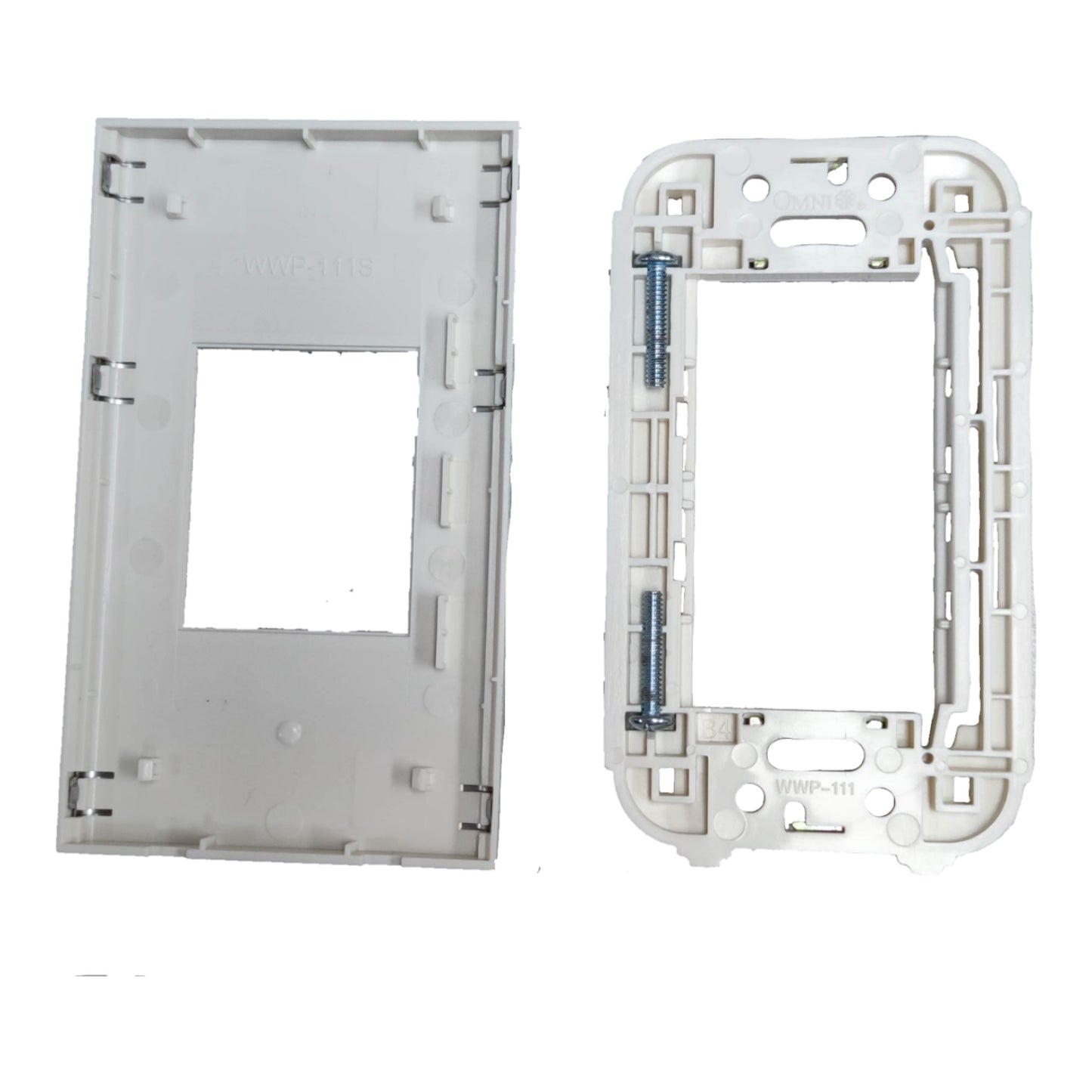 A white plastic electrical switch plate cover and matching backplate shown on a white background, with a small blue metal screw visible on the back frame.